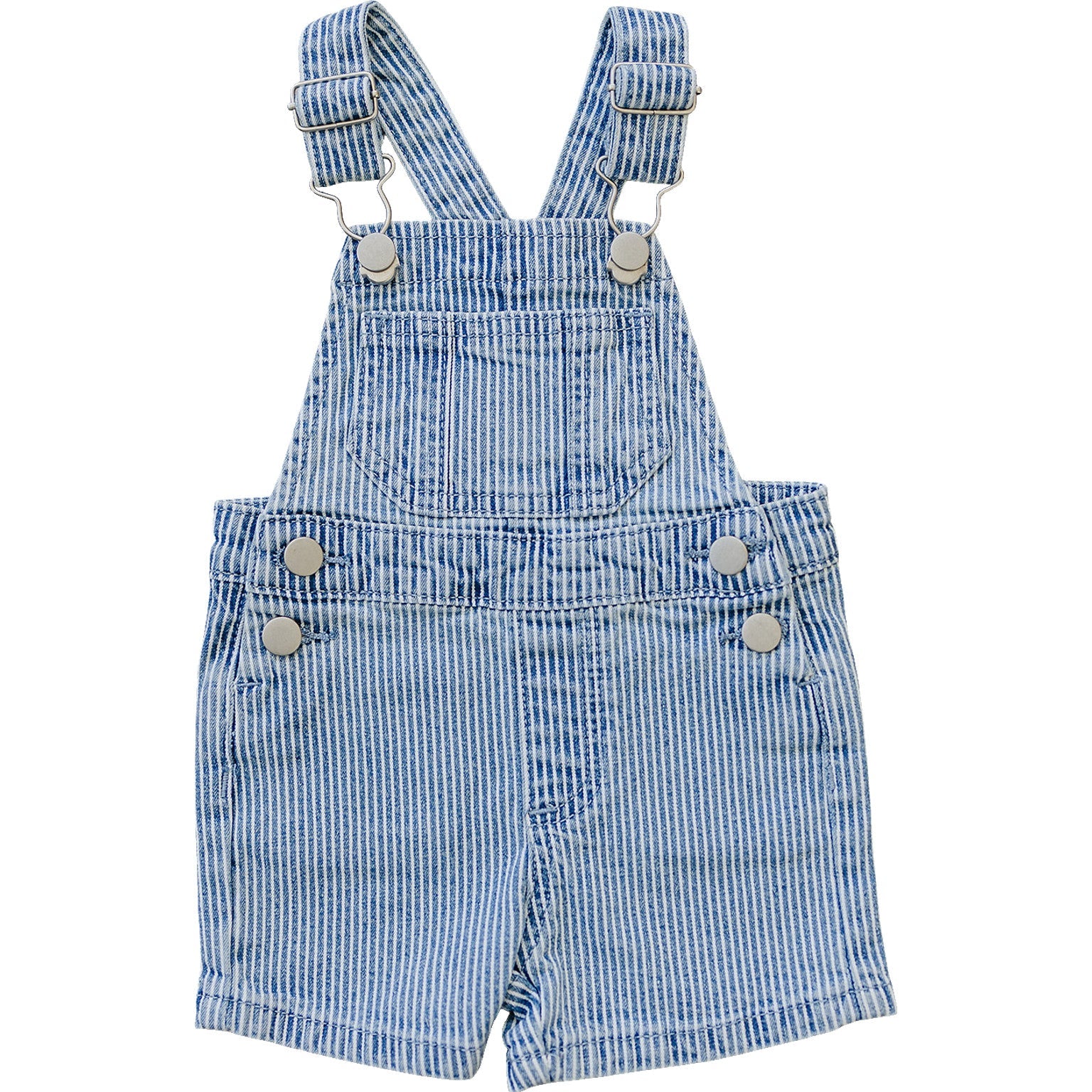 Summer baby overalls with blue and white striped denim on white background