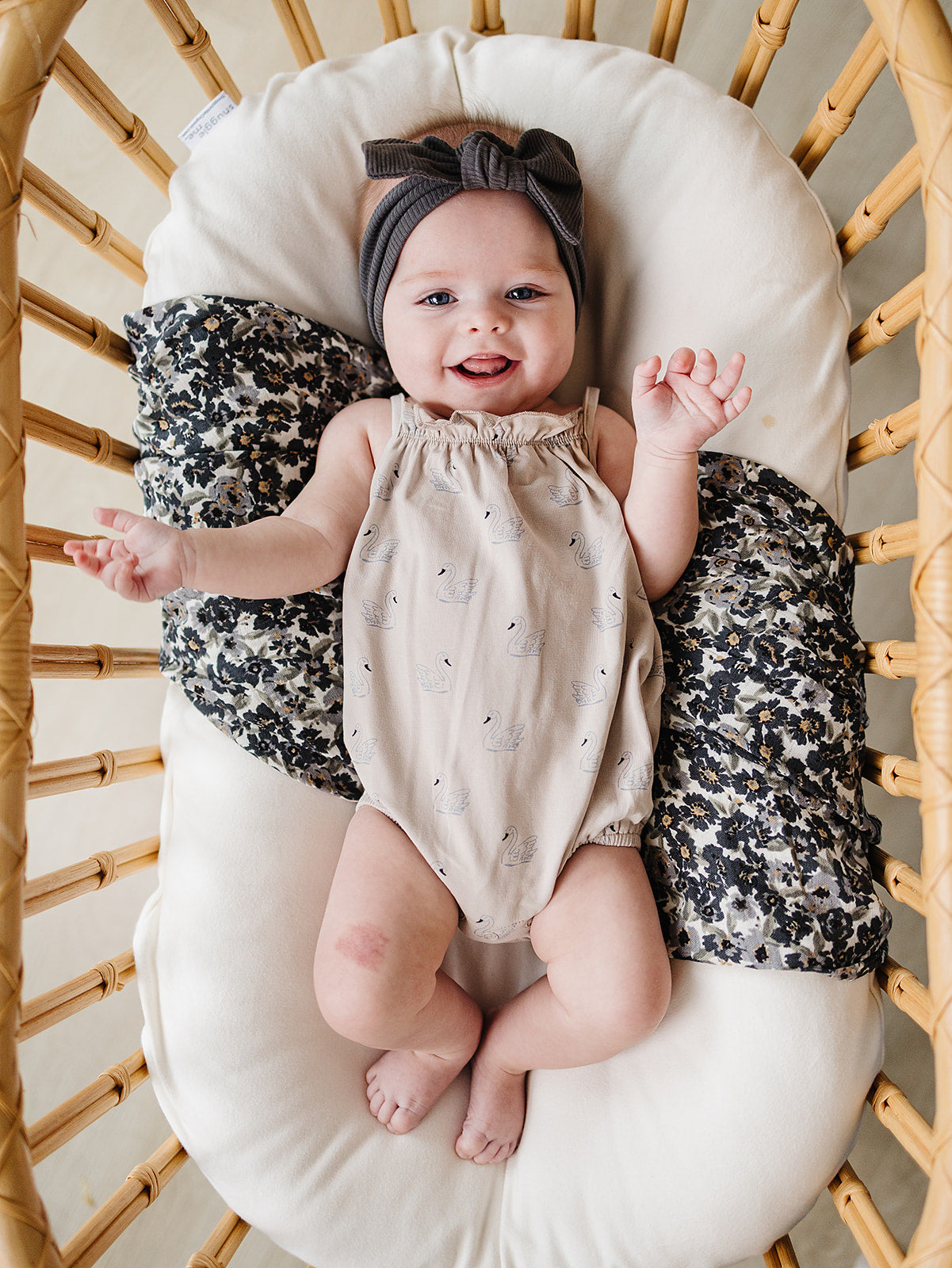 neutral swan bubble romper for baby girls