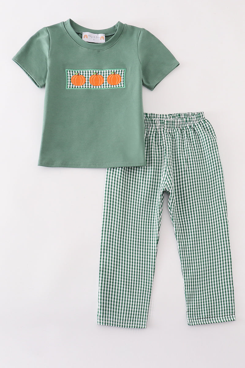 toddler fall outfit with olive pumpkin applique shirt and green gingham pants