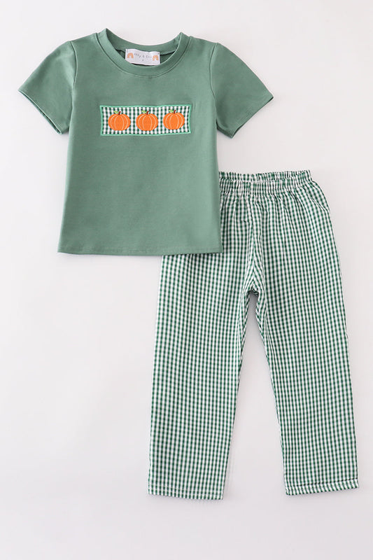 toddler fall outfit with olive pumpkin applique shirt and green gingham pants