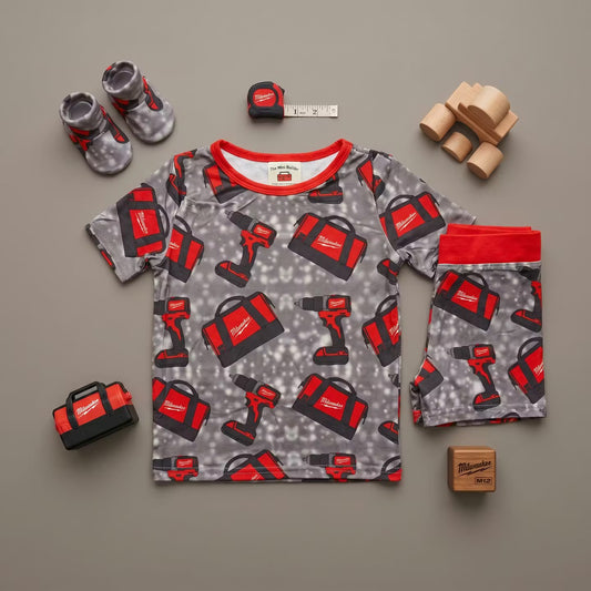 Boys bamboo pajamas with tool print, soft and breathable kids sleepwear for toddlers and children