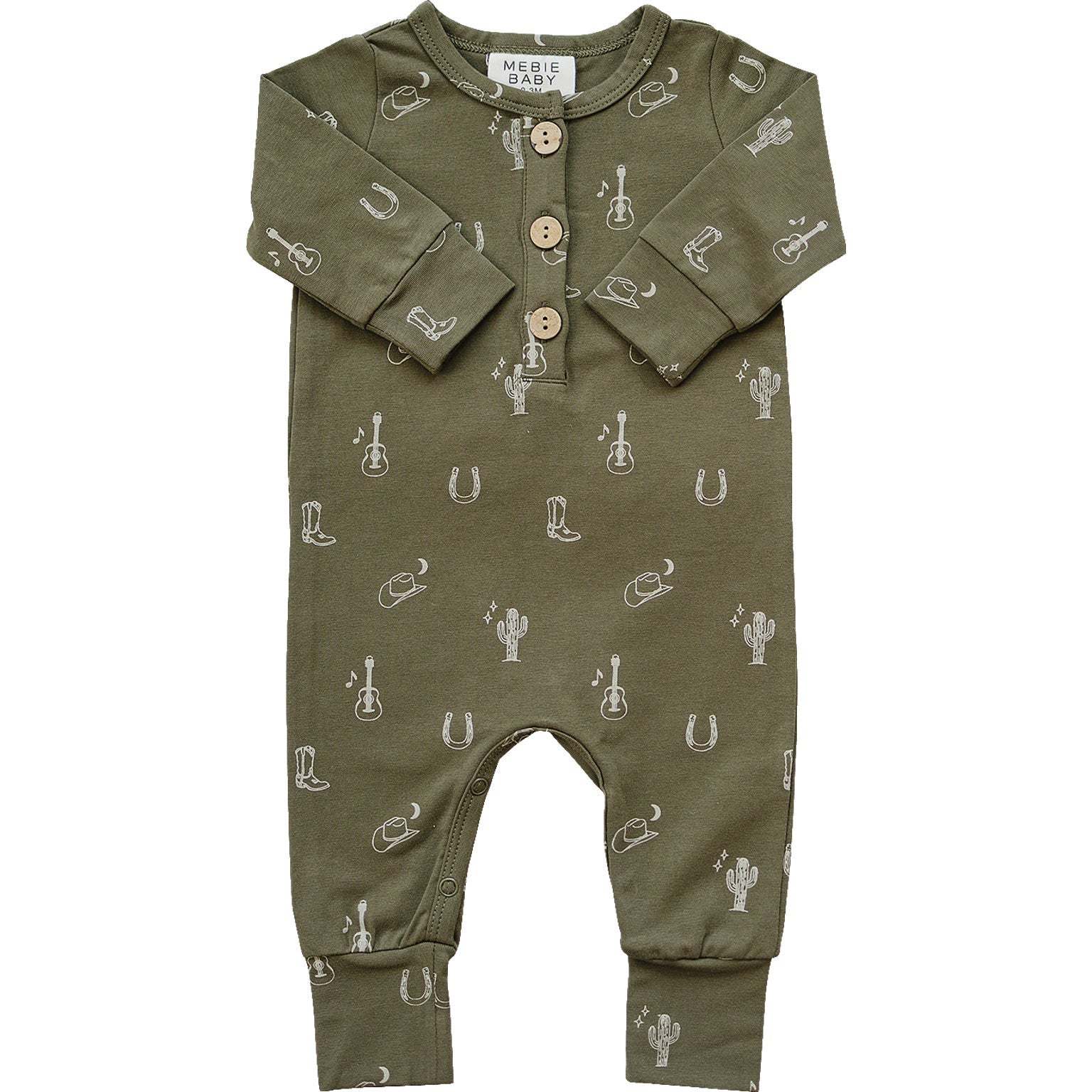 Green baby romper with western patterns on a white background