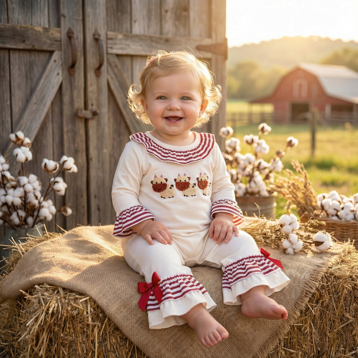 Baby girl wearing Western baby girl outfit with highland cattle smocked detail sitting on haybale